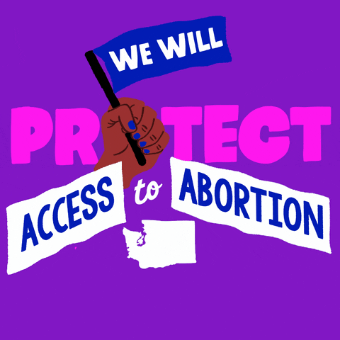 Text gif. Brown hand with blue fingernails in front of blue background waves a blue flag up and down that reads, “We will,” followed by the text, “Protect access to abortion. Washington.”