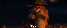 Movie gif. Puss in Boots from Shrek sashays toward us while raising his eyebrows and making finger guns. Text, "You."