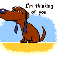 Cartoon gif. A brown dachshund sits lazily with its eyes heavy. It wags its tag and raises its eyebrows slightly, and there's a small smile on is face. Text, "I'm thinking of you."