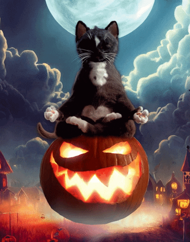 Digital compilation gif. Black and white tuxedo cat looks like it's meditating in a white lotus position while sitting top of a levitating jack-o-lantern. Behind the cat is a full moon above an old-timey town with windows glowing with warm light from within.