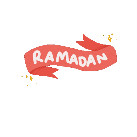 Sticker gif. Text, 'Ramadan,' is written on a red banner that moves up and down with yellow stars next to it.