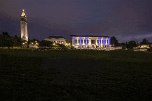 Ad gif. The phrase, "Welcome Home" is written in blue and yellow and is written with light in front of UC Berkeley.