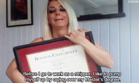 A blonde woman crying about her college degree before working as a stripper gif.