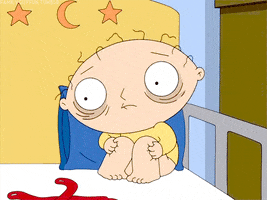 Family Guy gif. A pantsless Stewie sits in his crib with a disturbed look on his face and bags under his eyes. He clutches his knees as he rocks back and forth.