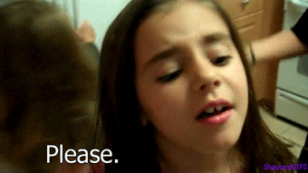 Video gif. Daughter of YouTube star Shay Carl, PrincessTard, AKA Avia Colette Butler, a little girl, looks pitiful and sadly looks up at us, sticks out her bottom lip and bats her eyes, saying, "Please."
