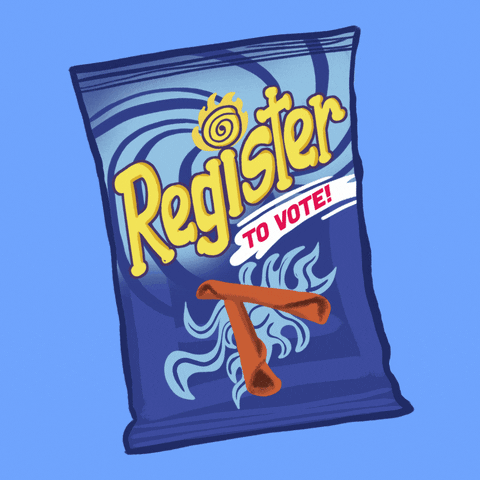 Digital art gif. Blue bag of spicy rolled corn tortilla chips shakes back and forth over a light blue background. The illustration on the bag features two chips that flash in front of flashing flames as well as a swirling motif. Text, “Register to vote!”