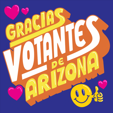 Digital art gif. White and yellow 3D bubble letters with orange shadowing bob in and out on a blue-purple background, surrounded by hot pink hearts and a smiley face giving a thumbs up. Text, "Gracias votantes de Arizona."