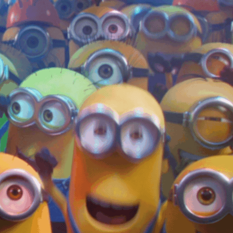 Movie gif. A crowd of Minions from Minions 2: Rise of Gru scream and cheer with excitement. 