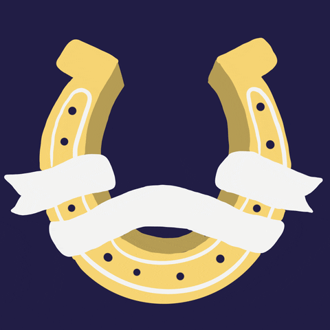 Illustrated gif. Yellow horseshoe with white ribbon around it.