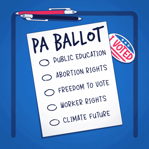 Digital art gif. Ballot labeled “PA Ballot” rests on top of a blue surface next to an “I voted” sticker. Hand holding a pen fills in the bubble next to the following ballot issues: public education, abortion rights, freedom to vote, worker rights, and climate future.