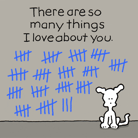 Cartoon gif. Chippy the Dog holds a blue crayon and adds another tally mark to a wall full of tally marks. Text, "There are so many things I love about you."