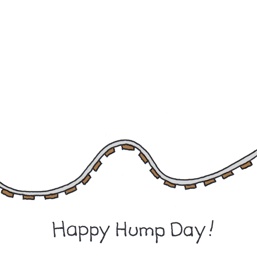 Cartoon gif. White dog Chippy rides a roller coaster cart across a wavy track. After a bump, he flips into the cart with his paws in the air. Text,"Happy hump day!"