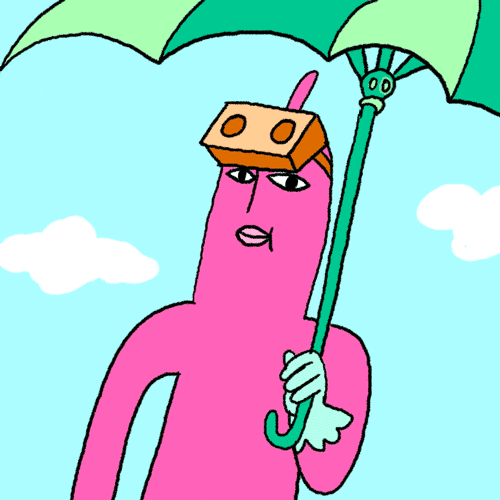 Illustrated gif. Pink figure holding a teal umbrella tugs yellow goggles down over its eyes, and the background shifts from a cloudy blue sky to red with flames, and a set of six-pack abs appears on the figure.