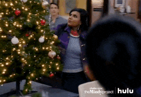 TV gif . Mindy Kaling as Mindy Lahiri in The Mindy Project angrily grabs a Christmas tree and storms off with it, unplugging it and causing the lights to shut off as she goes. Her coworkers look on in shock.