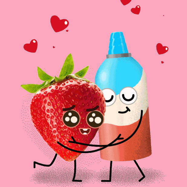 Illustrated gif. Shiny strawberry appears teary-eyed and deeply moved, being embraced by can of whipped cream, whose cap shoots out red hearts.