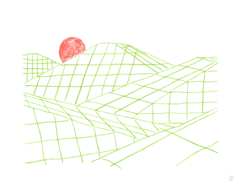 Animated gif zooming in on a wireframe landscape to a road