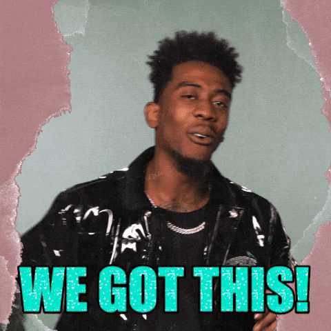 Video gif. Ripped pink tape borders a video of a man in a sleek black jacket smiling widely while clapping his hands and pumping his fist in the air. In a sparkling, aquamarine font, text reads, "We got this!"