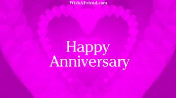Text gif. The phrase "Happy Anniversary" appears inside animated pink hearts made of more hearts.