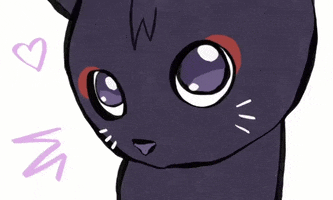 Illustrated gif. A black cat with midnight purple eyes and a purple nose wiggles in front of a white background while doodles of hearts and exclamation marks populate the side.