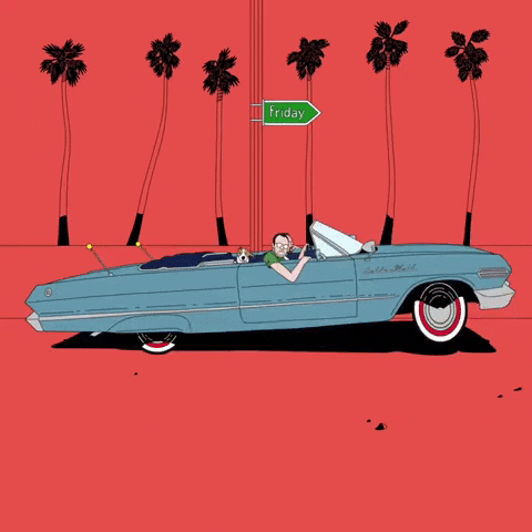 Illustrated gif. On a palm tree-lined street, the front of sky-blue convertible lifts up in the air, while two guys and a dog chill in the car. Street sign in the background reads "Friday."