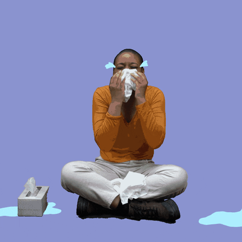 Video gif. Woman sobs and blows her nose with a wad of tissues as a stream of cartoon tears gush from her eyes and splash over a tissue box in front of a violet background.