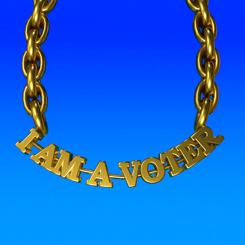 Digital art gif. Shining gold chain swings back and forth against a blue background. The gold chain reads, “I am a voter.”