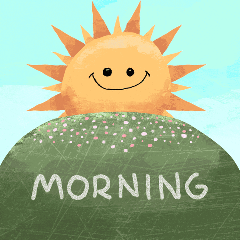 Illustrated gif. A golden, smiley-faced sun peeks out from behind a green hill flecked with pink dots. Text, "Morning."