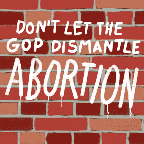 Digital art gif. Against a cartoon brick wall, text reads, "Don't let the G-O-P dismantle abortion," as bricks slowly fall from the wall, destroying the word "abortion."