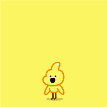 Žlutý gif s vyskakujícím radujícím se kuřátkem s konfetami.