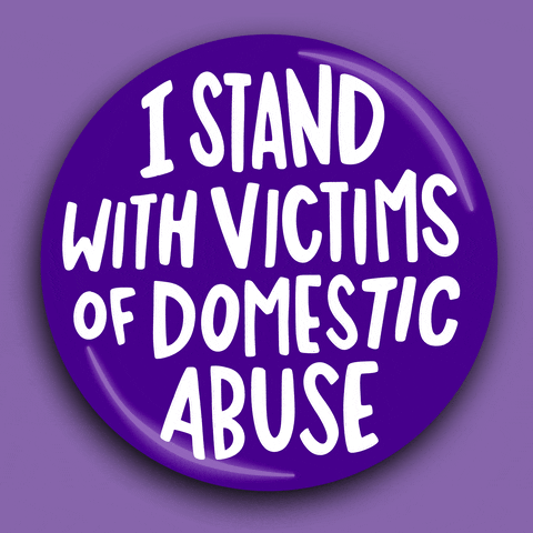 Text gif. Purple circle rocks side to side over a lavender background. Text, “I stand with victims of domestic abuse.”