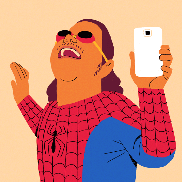 Cartoon gif. A man wearing a Spiderman costume and swimming goggles holds his phone up to a mirror, his head thrown back and his mouth wide open, a reference to a popular Vine.