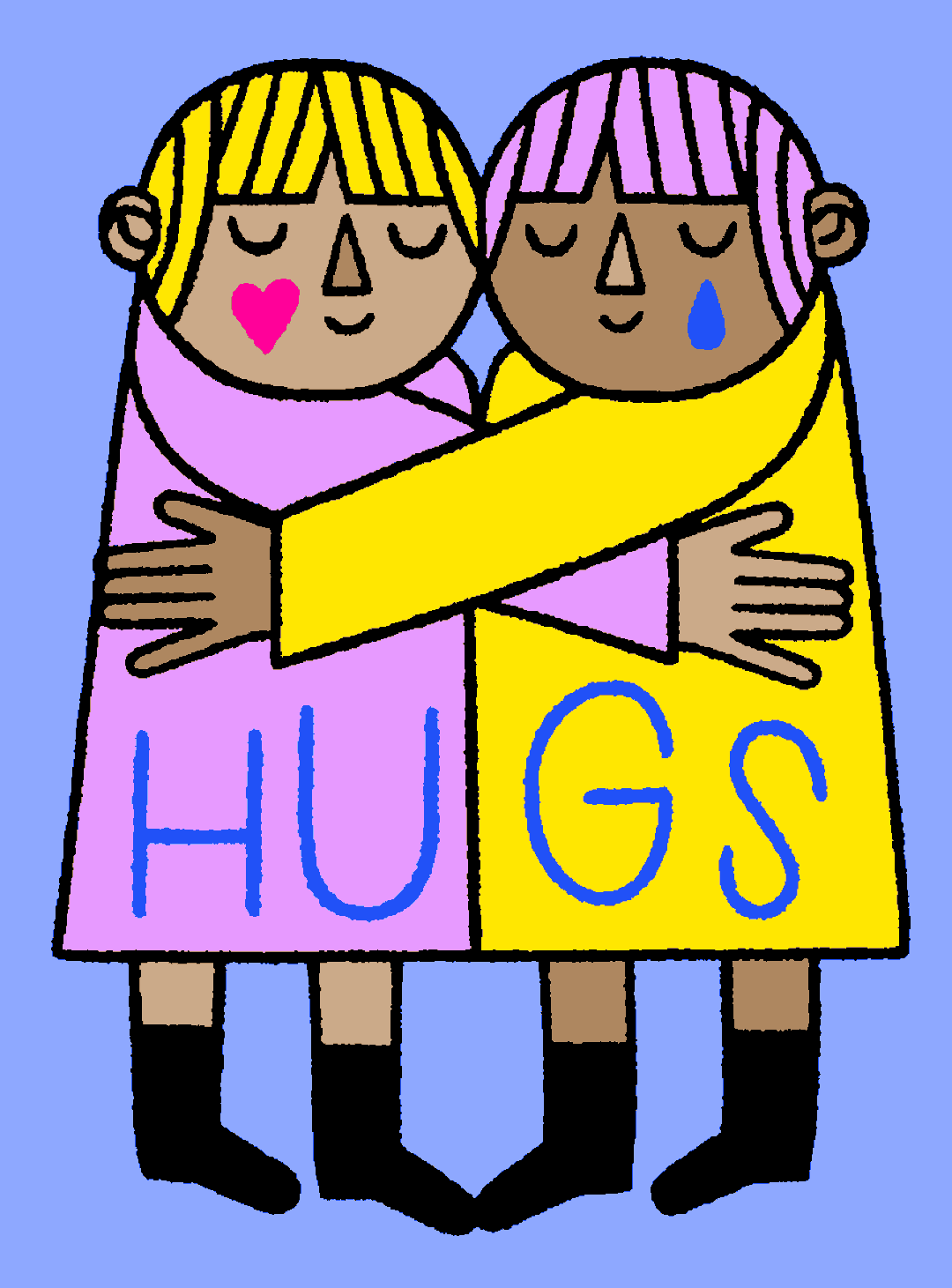Digital illustration gif. Two people in pink and yellow shirts with contrasting pink and blonde hair, hug each other tightly with eyes closed and serene expressions. A tear falls down one of their faces as the other has a heart on their face. Text, "hugs."