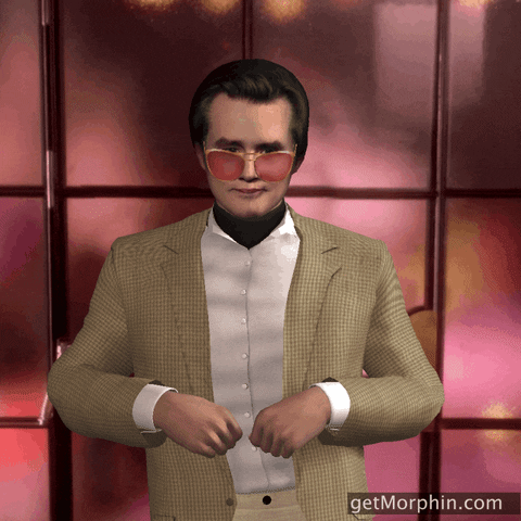 Digital art gif. Jim Carrey is rendered as a 3D animation, swinging his hips and tossing colorful confetti into the air.