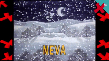 Illustrated gif. Snow falls and blankets a hilly landscape and trees. A dog reads a sign with California Cities and each city is over five thousand miles away from where the sign is. Text, “Neva en Manzaneda.”