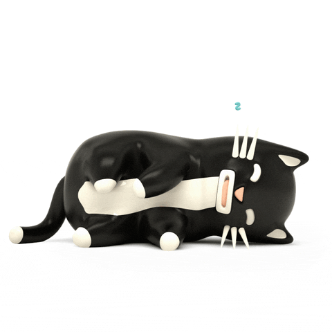 Illustrated gif. Three-dimensional-looking rendering of a black and white tuxedo cat, lying on its side asleep, its side rising and falling with the breath. A blue letter Z emerges from the background.