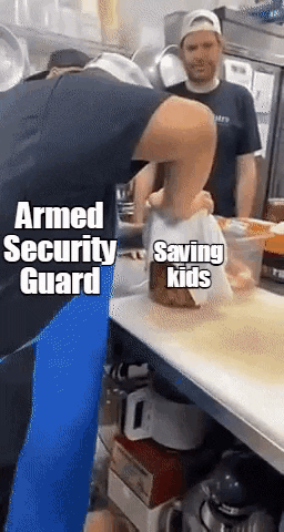 Meme gif. In an industrial kitchen, several people try their hardest to open a large jar of pickled food before passing the jar to a woman wearing a bandana who opens the jar with ease. The jar is labeled "saving kids." One of the people who tries to open the jar is labeled "Police," and another is labeled "armed security guard." The woman who opens the jar is labeled "Texan mom."