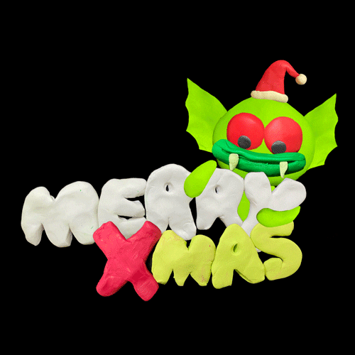 3D animated gif. Neon green Claymation gremlin with a Santa hat on its head takes a big bite out of the word "Merry" in "Merry Xmas."
