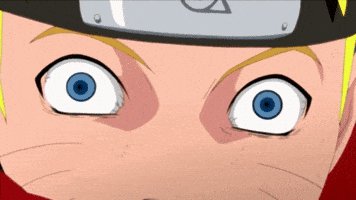 Anime gif. From Naruto:Shippuden, we zoom in on Naruto’s face as his eyes widen in surprise as he looks into an eye that widens, changing from blue to red and dilating.