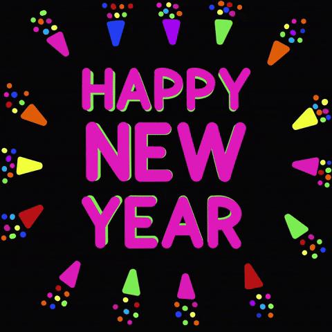 Text gif. The text, "Happy New Year," flashes between bold blue, green, purple and yellow font and is surrounded by colorful party poppers. 
