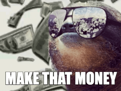 preguiça de óculos escuros com dinheiros caindo ao fundo com os dizeres "faça esse dinheiro"