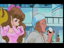 Anime gif. Azusa Shiratori from Ranma 1/2 stands behind a man while he eats and bonks him on the head repeatedly with a yellow kettle.