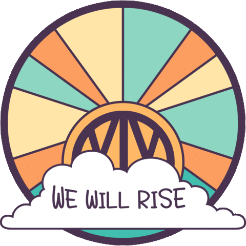 Digital art gif. Sun featuring an “XIX” rises over a fluffy white cloud, shining blue, orange, and yellow rays within a circle ver a white background. Text, “We will rise.”
