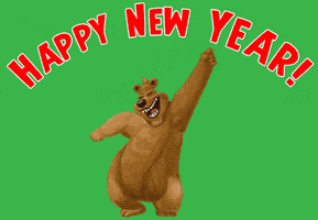 Cartoon gif. A bear dances in silly celebration, raising his arms and shaking his hips against a green background. Text, "Happy New Year."