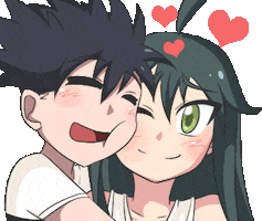 Anime gif. Smiling boys closes his eyes as he side hugs a girl who peeks with one eye open as hearts flutter above them.