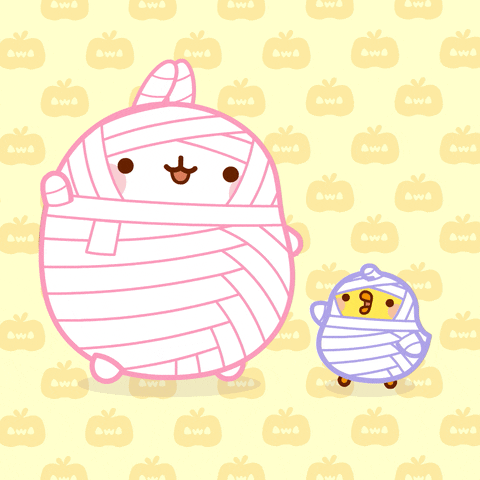 Kawaii gif. Molang the white bunny and Piu Piu the yellow duck are dressed in white bandages like a mummy. They wave at us with smiles on their faces, and Molang winks at us.