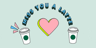Text gif. A big heart, two take-out coffee cups on either side, energy darts dancing off of them, highlighting the words "Miss you a latte."