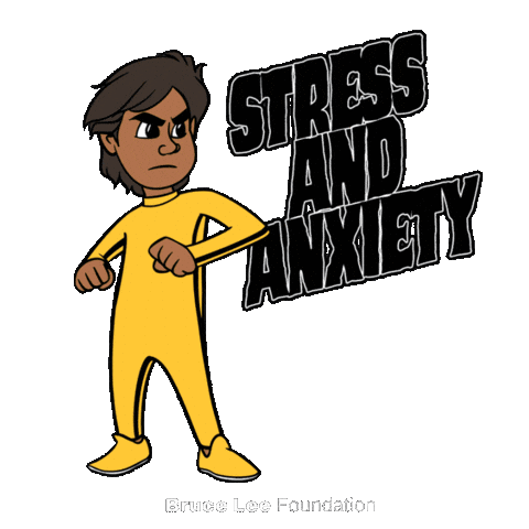 Digital art gif. Cartoon image of Bruce Lee wearing a yellow jumpsuit kicks the text, "Stress and anxiety," which explodes to reveal the text, "Serenity and strength." Text, "Bruce Lee Foundation."