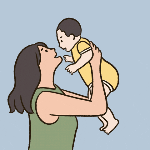 Animovaný pohyblivý gif s matkou zvedající malé usmívající se miminko.
