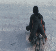 Video gif. Two kids laying down and stacked on top of each other sled down a crowded icy hill.
