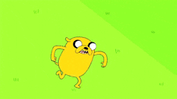 Cartoon gif. Jake and Finn from Adventure TIme run towards each other with their hands raised. They then meet up and high five. 
